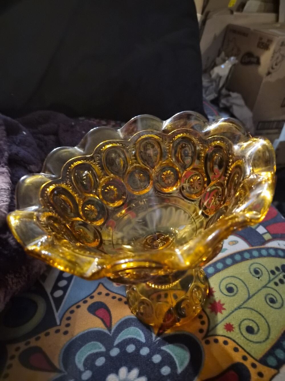 Vintage LE Smith Amber Glass Moon And Stars Pedestal Compote Candy Dish 8 T